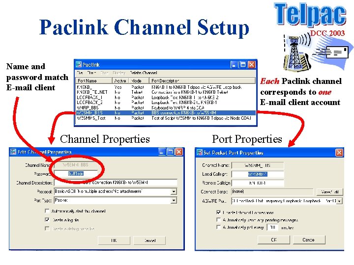 Paclink Channel Setup Name and password match E-mail client Channel Properties DCC 2003 Each