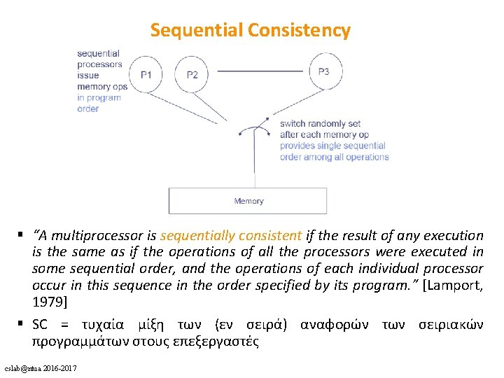 Sequential Consistency § “A multiprocessor is sequentially consistent if the result of any execution