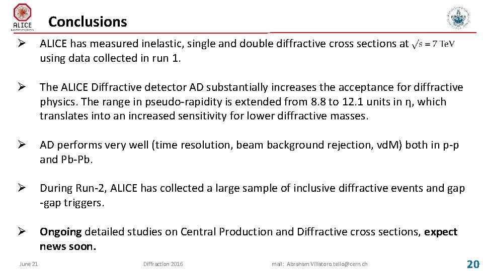 Conclusions Ø ALICE has measured inelastic, single and double diffractive cross sections at using