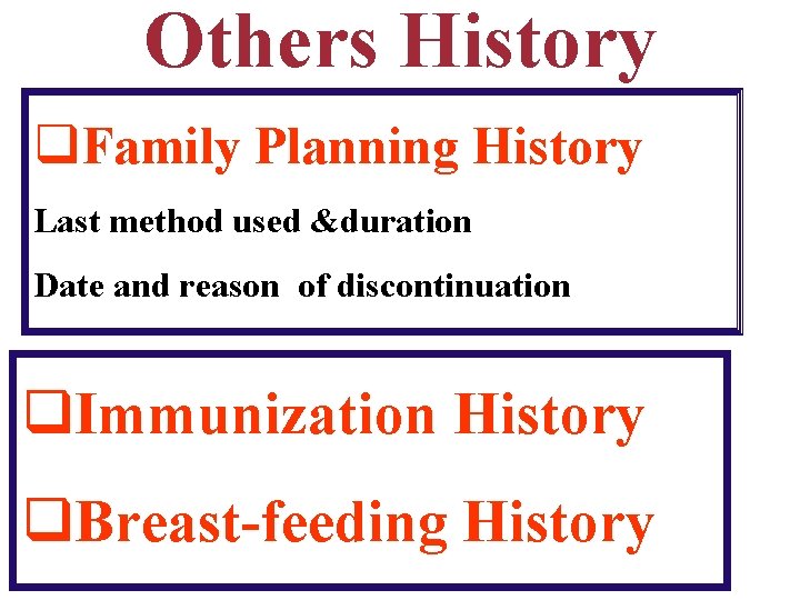 Others History q. Family Planning History Last method used &duration Date and reason of
