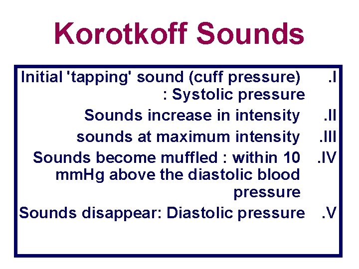 Korotkoff Sounds Initial 'tapping' sound (cuff pressure). I : Systolic pressure Sounds increase in