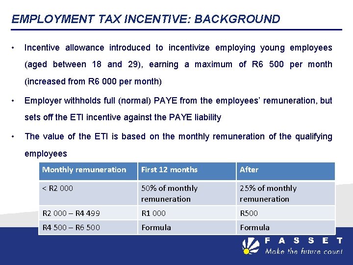 EMPLOYMENT TAX INCENTIVE: BACKGROUND • Incentive allowance introduced to incentivize employing young employees (aged