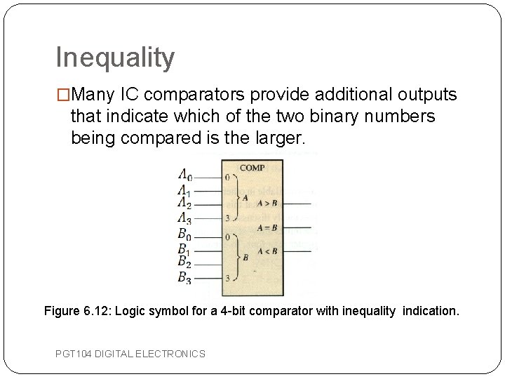 Inequality �Many IC comparators provide additional outputs that indicate which of the two binary