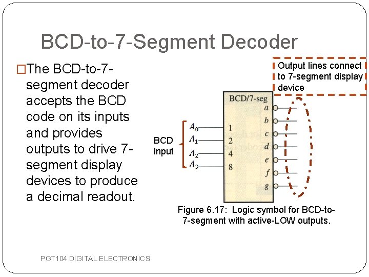 BCD-to-7 -Segment Decoder Output lines connect to 7 -segment display device �The BCD-to-7 -