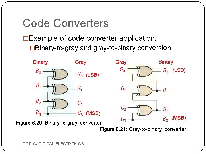 Code Converters �Example of code converter application. �Binary-to-gray and gray-to-binary conversion. Binary Gray (LSB)