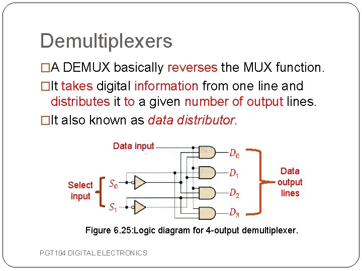 Demultiplexers �A DEMUX basically reverses the MUX function. �It takes digital information from one