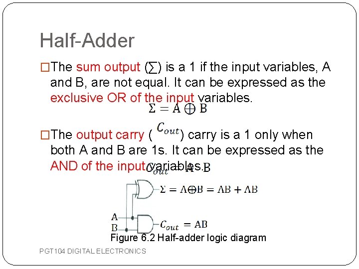 Half-Adder �The sum output (∑) is a 1 if the input variables, A and