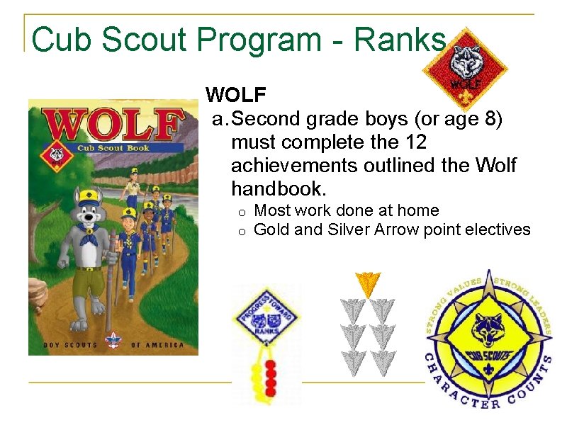 Cub Scout Program - Ranks WOLF a. Second grade boys (or age 8) must