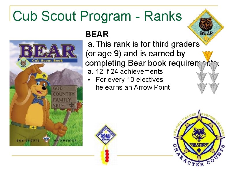 Cub Scout Program - Ranks BEAR a. This rank is for third graders (or