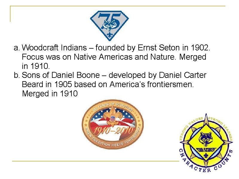 a. Woodcraft Indians – founded by Ernst Seton in 1902. Focus was on Native