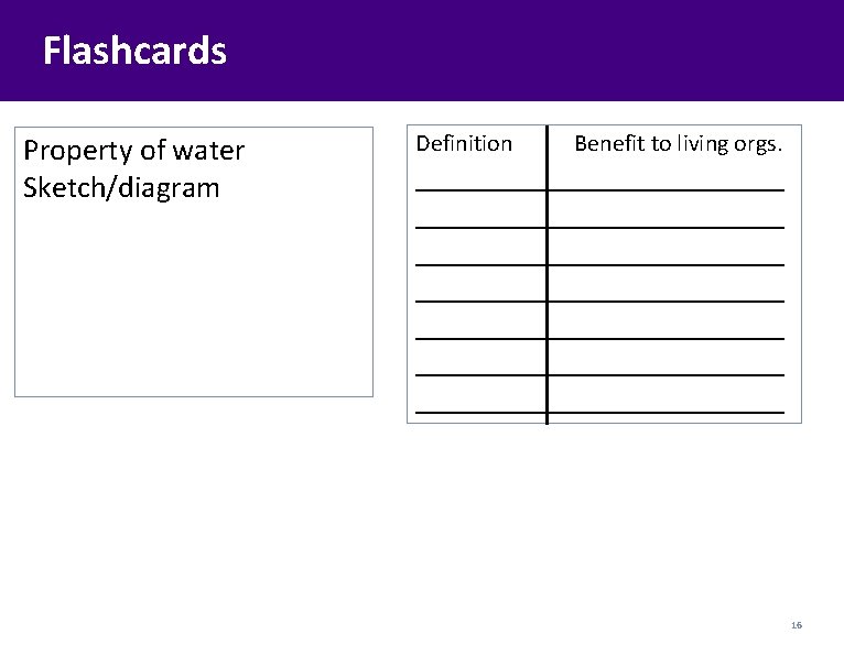 Flashcards Property of water Sketch/diagram Definition Benefit to living orgs. ________________________ ________________________ 16 