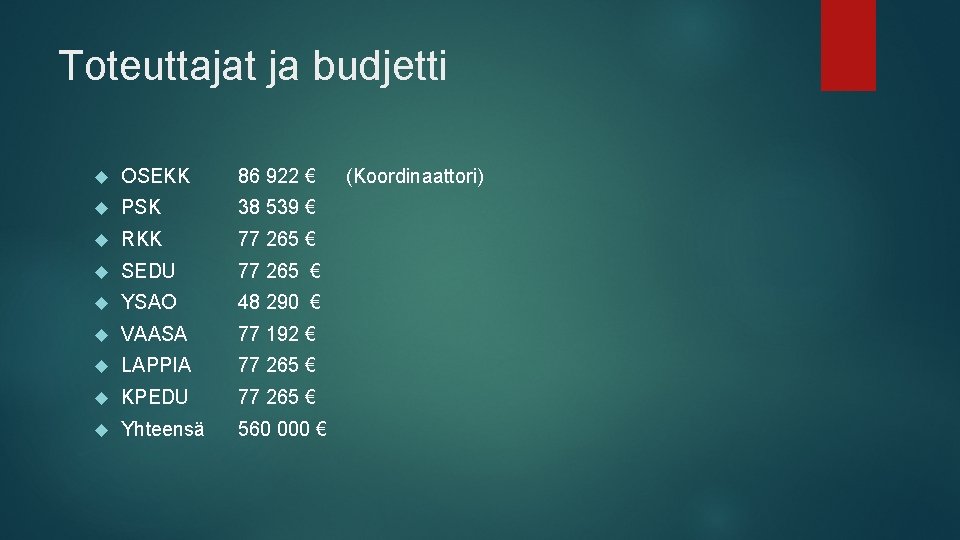 Toteuttajat ja budjetti OSEKK 86 922 € PSK 38 539 € RKK 77 265