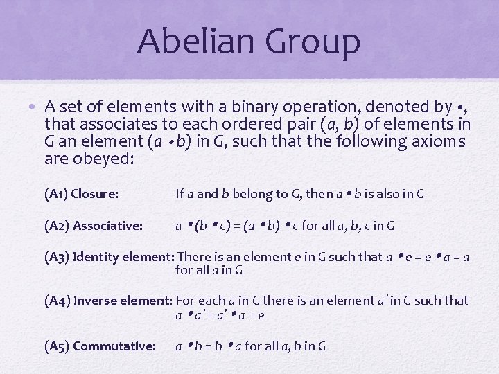 Abelian Group • A set of elements with a binary operation, denoted by ,