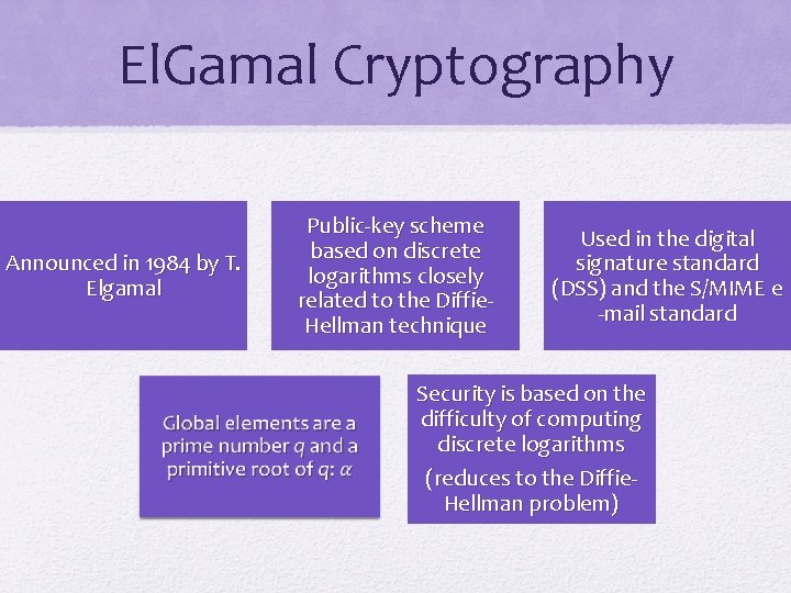 El. Gamal Cryptography Announced in 1984 by T. Elgamal Public-key scheme based on discrete