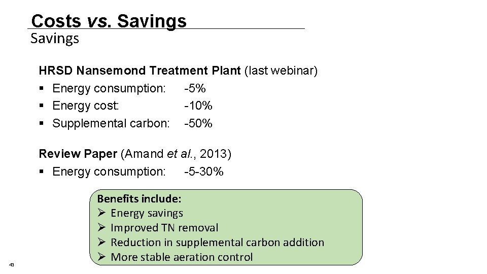 Costs vs. Savings HRSD Nansemond Treatment Plant (last webinar) § Energy consumption: -5% § Costs vs. Savings HRSD Nansemond Treatment Plant (last webinar) § Energy consumption: -5% §