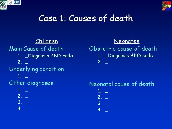 Case 1: Causes of death Children Main Cause of death 1. …Diagnosis AND code