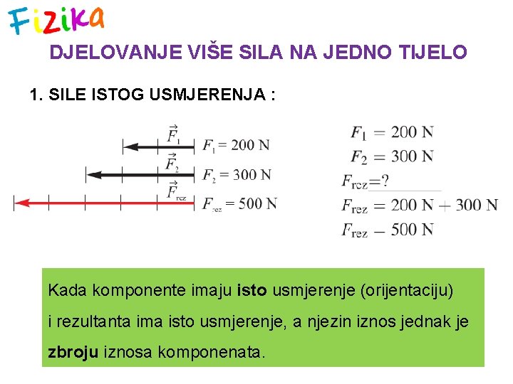 DJELOVANJE VIŠE SILA NA JEDNO TIJELO 1. SILE ISTOG USMJERENJA : Kada komponente imaju
