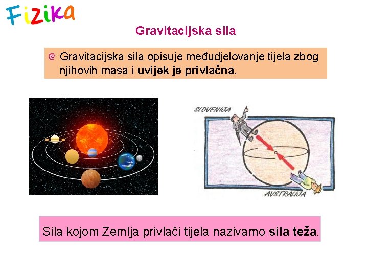Gravitacijska sila opisuje međudjelovanje tijela zbog njihovih masa i uvijek je privlačna. Sila kojom