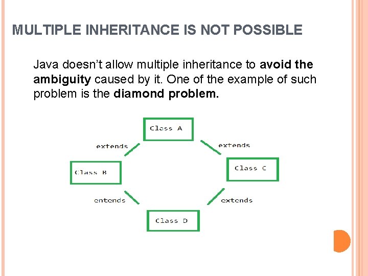 MULTIPLE INHERITANCE IS NOT POSSIBLE Java doesn’t allow multiple inheritance to avoid the ambiguity