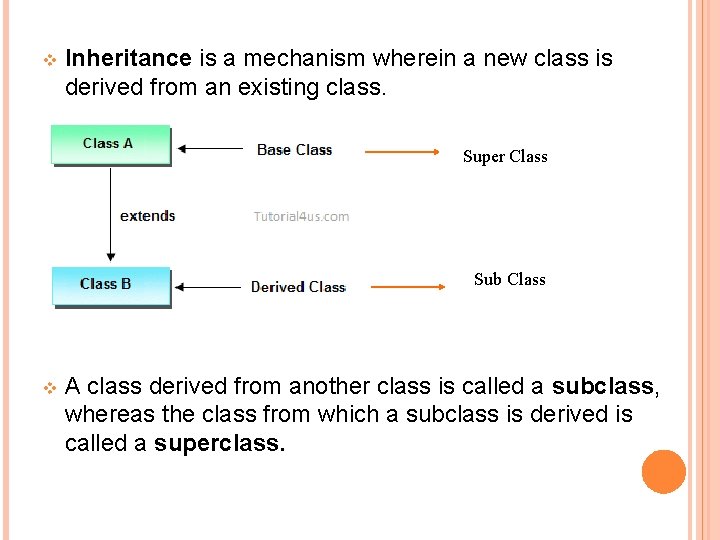 v Inheritance is a mechanism wherein a new class is derived from an existing