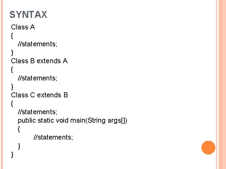 SYNTAX Class A { //statements; } Class B extends A { //statements; } Class