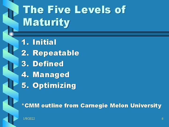 The Five Levels of Maturity 1. 2. 3. 4. 5. Initial Repeatable Defined Managed