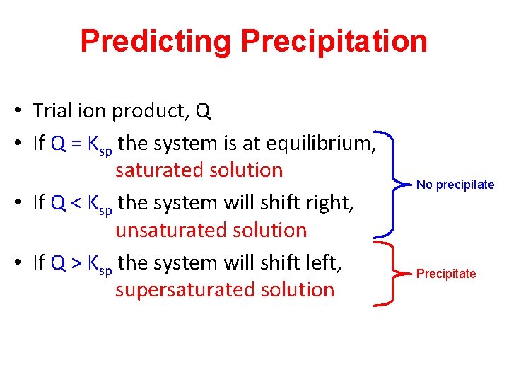 Predicting Precipitation • Trial ion product, Q • If Q = Ksp the system