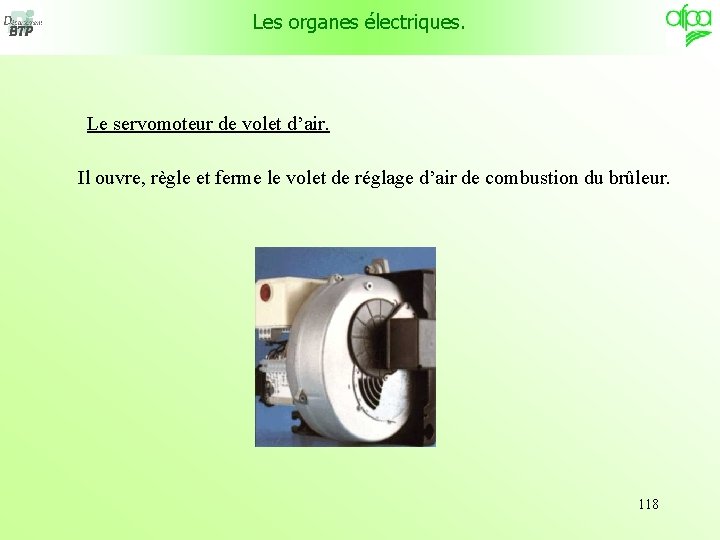 Les organes électriques. Le servomoteur de volet d’air. Il ouvre, règle et ferme le