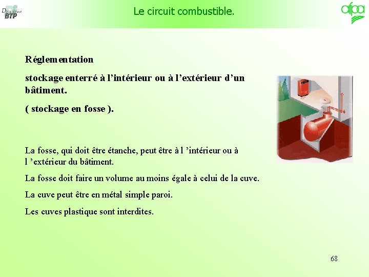 Le circuit combustible. Réglementation stockage enterré à l’intérieur ou à l’extérieur d’un bâtiment. (