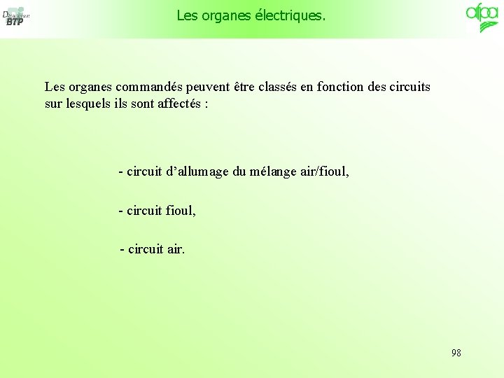 Les organes électriques. Les organes commandés peuvent être classés en fonction des circuits sur