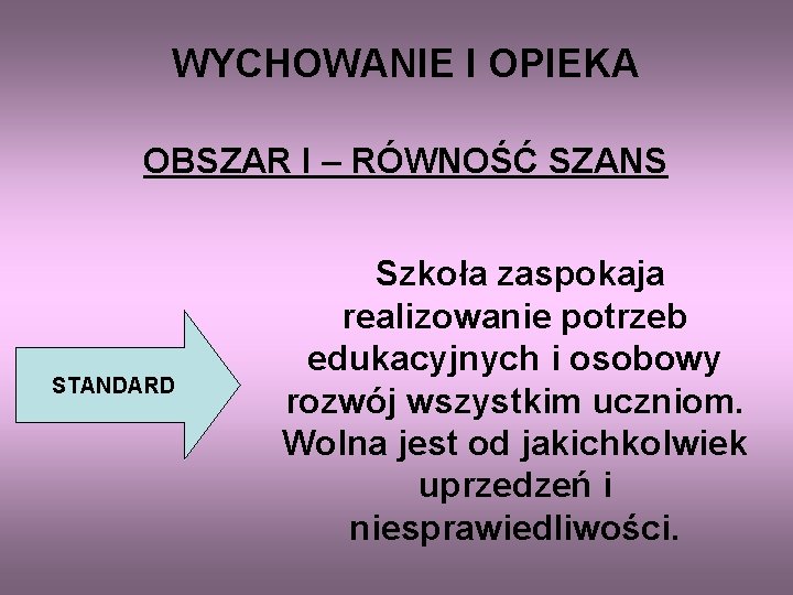 WYCHOWANIE I OPIEKA OBSZAR I – RÓWNOŚĆ SZANS STANDARD Szkoła zaspokaja realizowanie potrzeb edukacyjnych