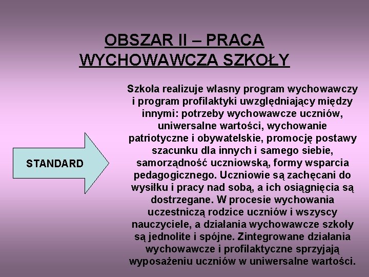 OBSZAR II – PRACA WYCHOWAWCZA SZKOŁY STANDARD Szkoła realizuje własny program wychowawczy i program