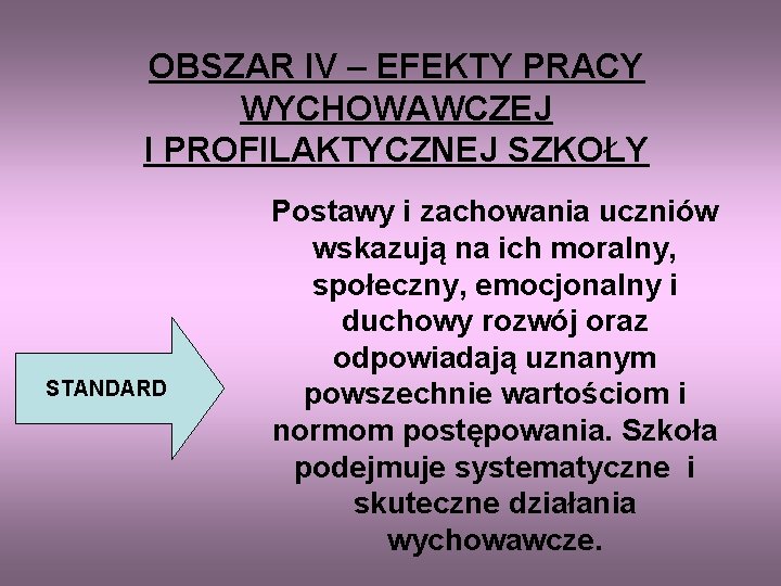 OBSZAR IV – EFEKTY PRACY WYCHOWAWCZEJ I PROFILAKTYCZNEJ SZKOŁY STANDARD Postawy i zachowania uczniów