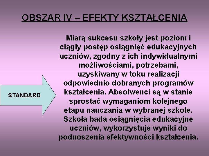 OBSZAR IV – EFEKTY KSZTAŁCENIA STANDARD Miarą sukcesu szkoły jest poziom i ciągły postęp