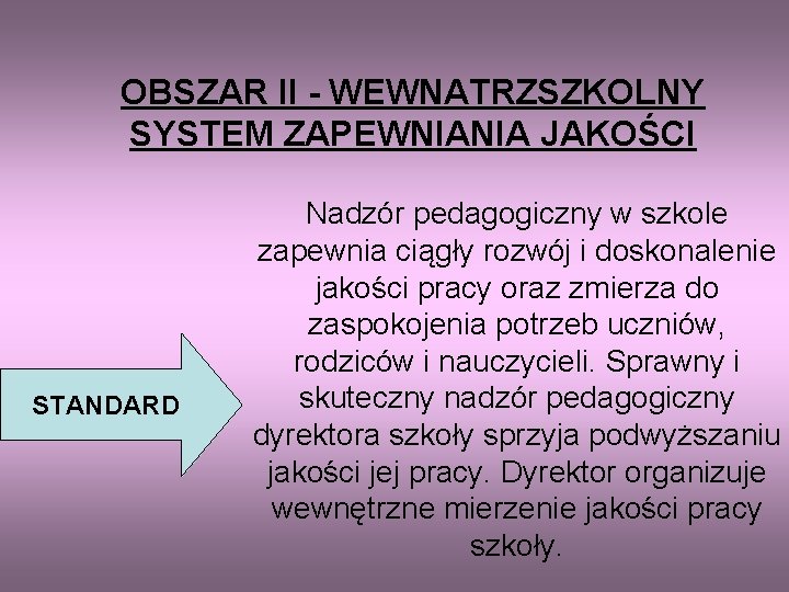 OBSZAR II - WEWNATRZSZKOLNY SYSTEM ZAPEWNIANIA JAKOŚCI STANDARD Nadzór pedagogiczny w szkole zapewnia ciągły