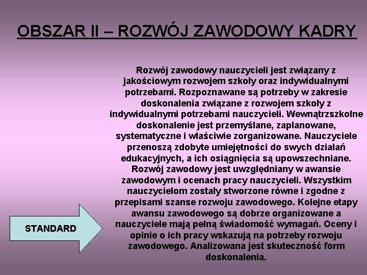 OBSZAR II – ROZWÓJ ZAWODOWY KADRY STANDARD Rozwój zawodowy nauczycieli jest związany z jakościowym