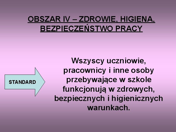 OBSZAR IV – ZDROWIE, HIGIENA, BEZPIECZEŃSTWO PRACY STANDARD Wszyscy uczniowie, pracownicy i inne osoby