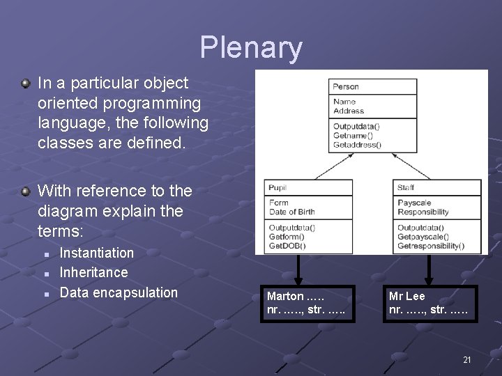 Plenary In a particular object oriented programming language, the following classes are defined. With