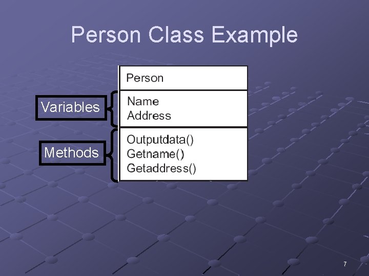 Person Class Example Variables Methods 7 