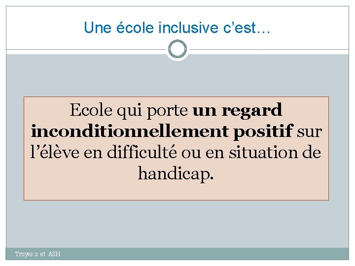 Une école inclusive c’est… Ecole qui porte un regard inconditionnellement positif sur l’élève en