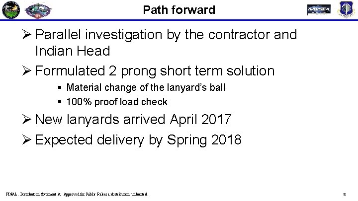 Path forward Ø Parallel investigation by the contractor and Indian Head Ø Formulated 2