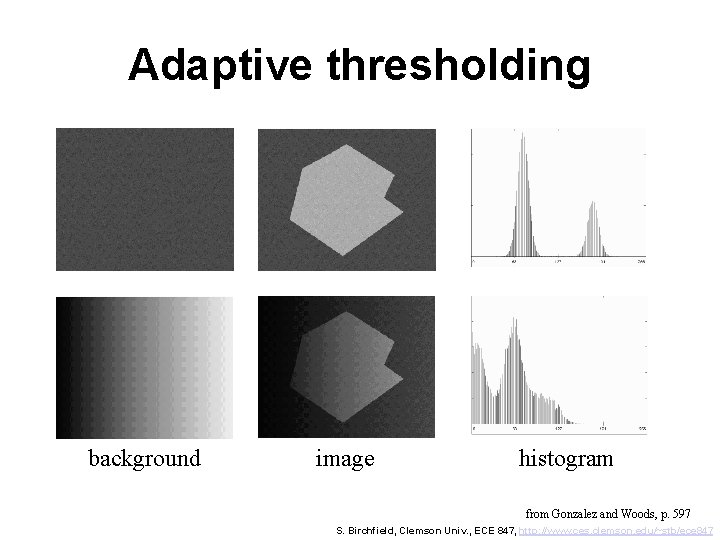 Adaptive thresholding background image histogram from Gonzalez and Woods, p. 597 S. Birchfield, Clemson