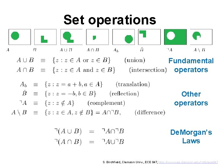 Set operations Fundamental operators Other operators De. Morgan’s Laws S. Birchfield, Clemson Univ. ,