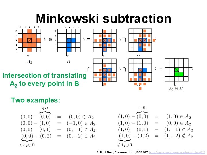 Minkowski subtraction Intersection of translating A 2 to every point in B Two examples: