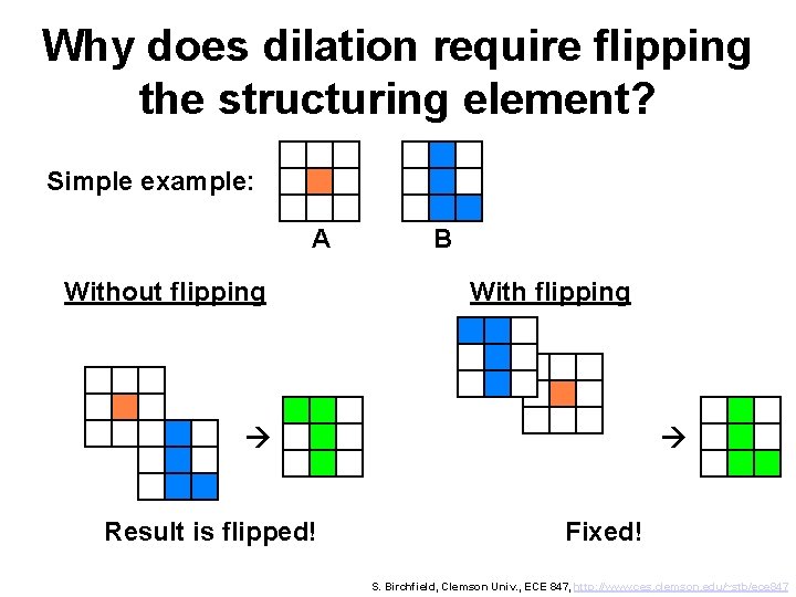 Why does dilation require flipping the structuring element? Simple example: A Without flipping B