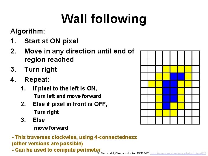 Wall following Algorithm: 1. Start at ON pixel 2. Move in any direction until