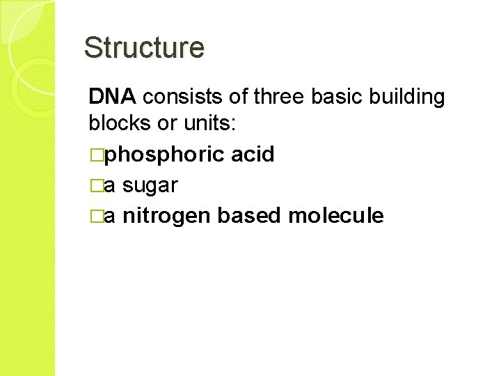 Structure DNA consists of three basic building blocks or units: �phosphoric acid �a sugar
