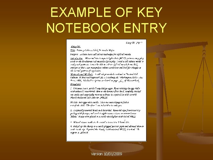 EXAMPLE OF KEY NOTEBOOK ENTRY Version 10/01/2009 