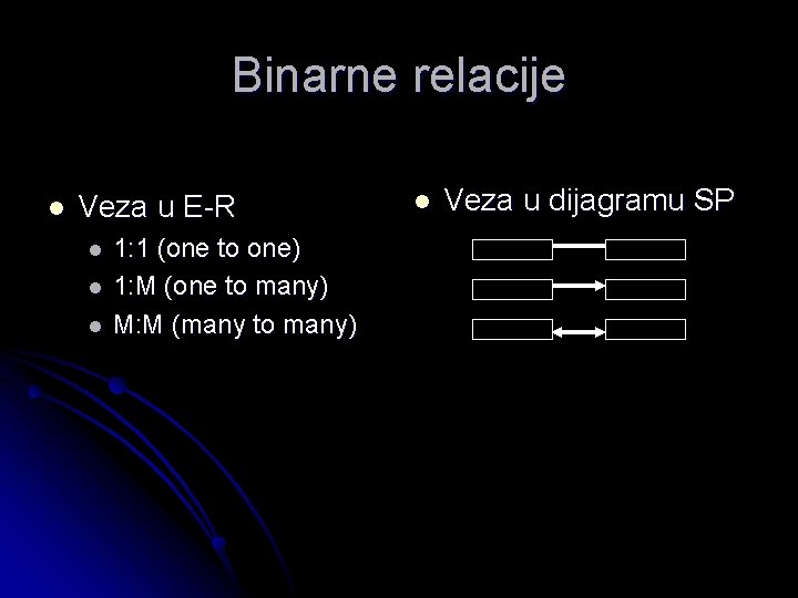 Binarne relacije l Veza u E-R l l l 1: 1 (one to one)