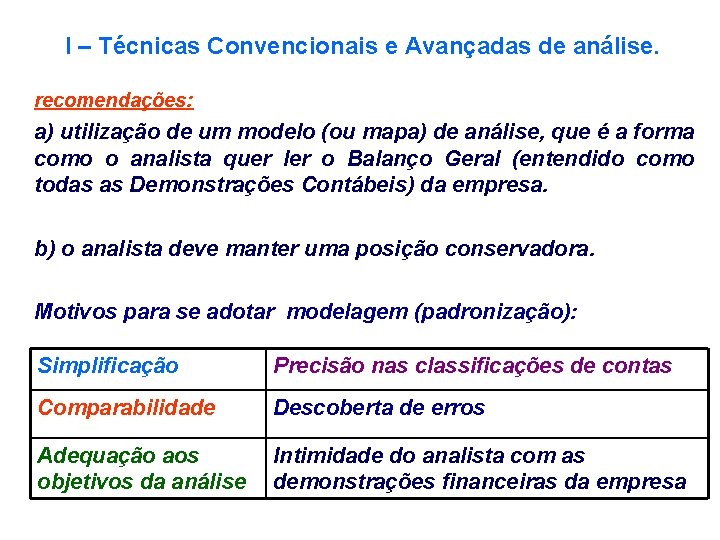 I – Técnicas Convencionais e Avançadas de análise. recomendações: a) utilização de um modelo